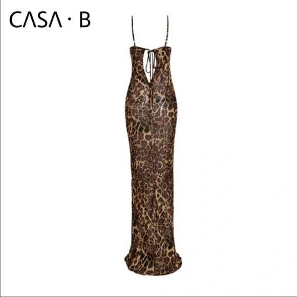 5⭐️CASA B |Vivianne Leopard Print Draped Open Back Sheer Maxi Dress - Picture 4 of 7